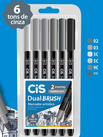 Caneta Dual Brush C/2 Pontas Aquarelavel 06 Cores Cinza